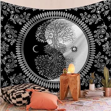 Umootek Small Tree Tapestry Wall Hanging for Bedroom Living Room College Dorm Wall Decor, Moon and Sun Aesthetic Art Poster Curtain Tapestries,Black & White37x29 in