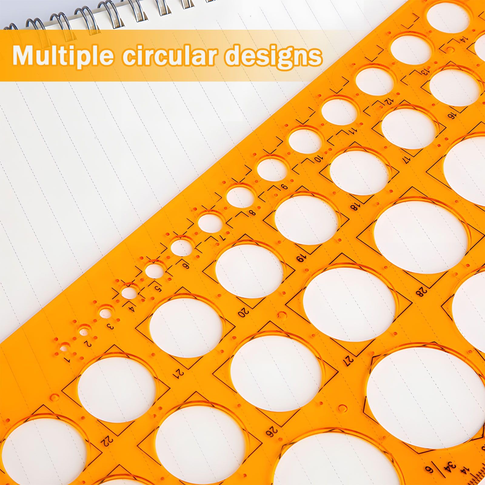 Plantilla de dibujo de 36 círculos, de plástico resistente, para dibujo técnico, arquitectura y diseño de joyas, color naranja transparente