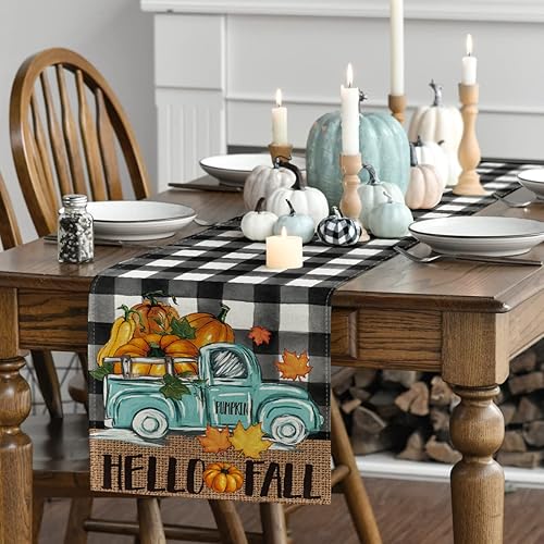 Miniatura 3 de Artoid Mode Camino de mesa de otoño con diseño de búfalo, camión, calabaza, hoja de arce, Hello Fall, decoración de mesa de comedor de cocina de