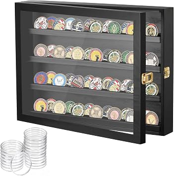 Challenge Coin Display Case, Solid Wood Military Coin Display Box with Gold Latch & 20 Acrylic Protectors Challenge Coin Holder Organizer for Collectors and Veterans