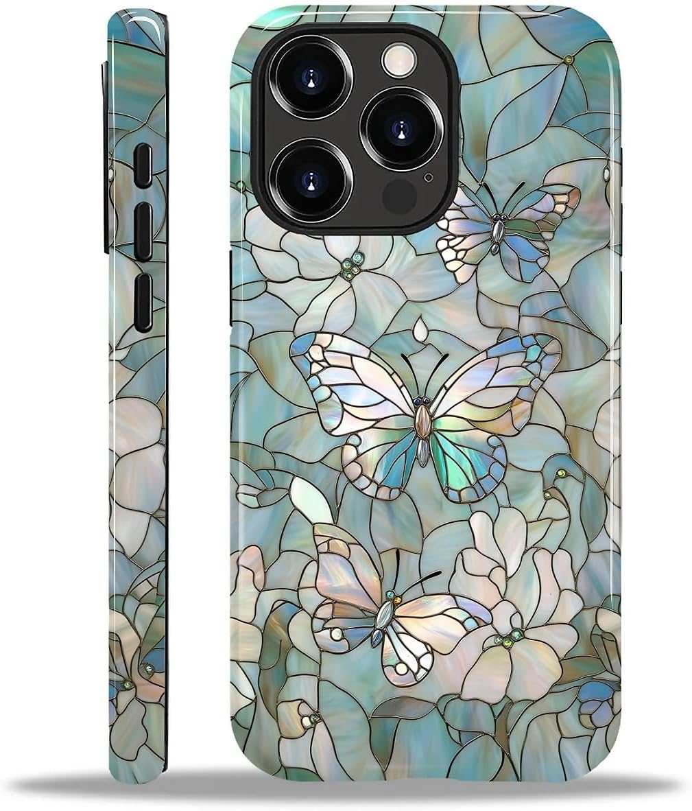 Compatible with iPhone 12 Pro Max Case,Hybrid 2-Layer Hard Shell Silicone Case - Stained Glass Butterfly - Scratch Resistant Shockproof Cover