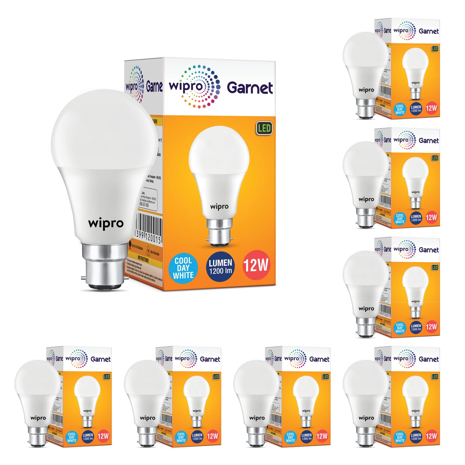 wipro Garnet Base B22 12-Watt LED Bulb (Pack of 8, Cool Day Light)