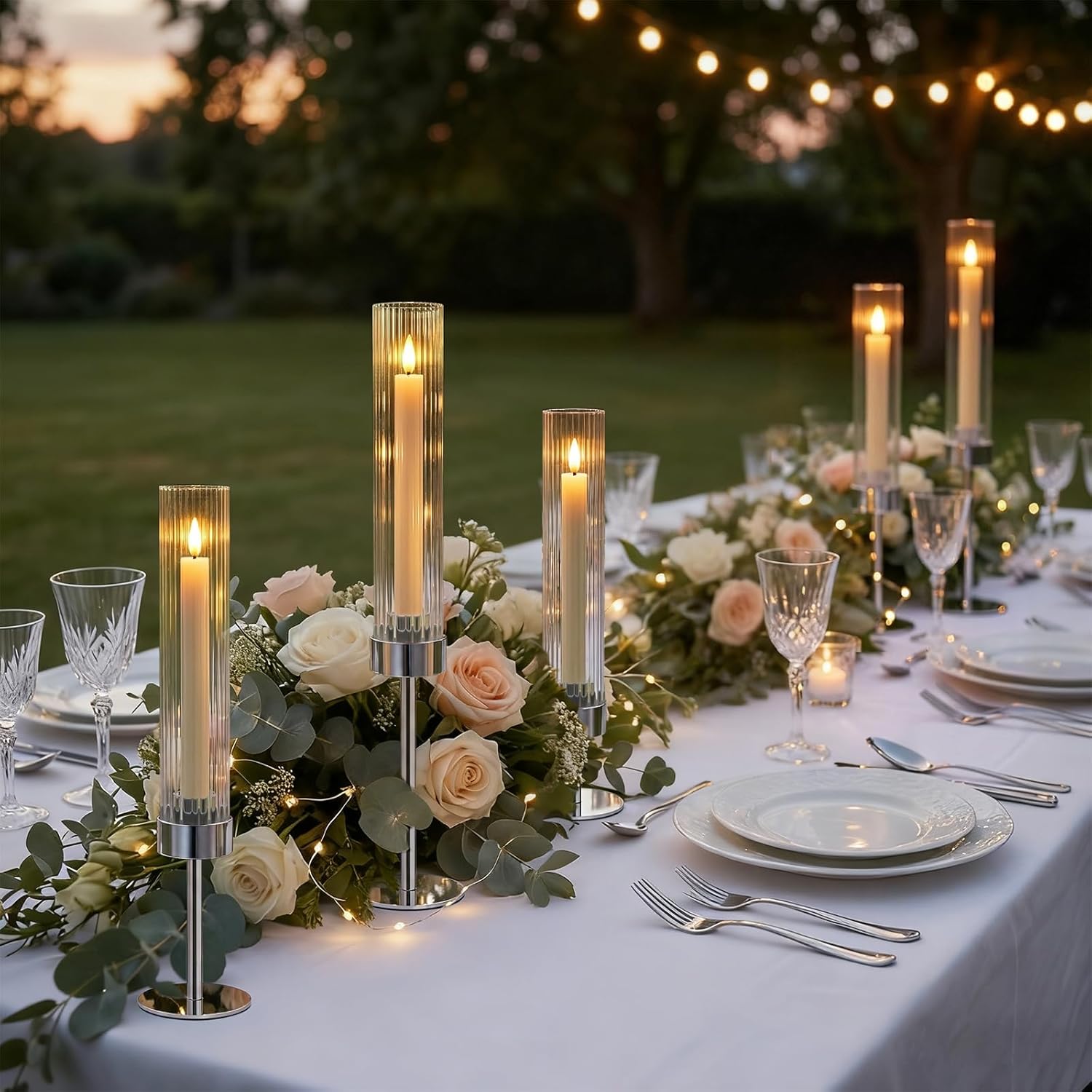 Metal & Acrylic Taper Candle Holders with Ribbed Design - Hurricane Clear Cylinder Candelabra for Wedding, Christmas, Party, Dining Table Centerpiece Decor (Silver, Set of 6)