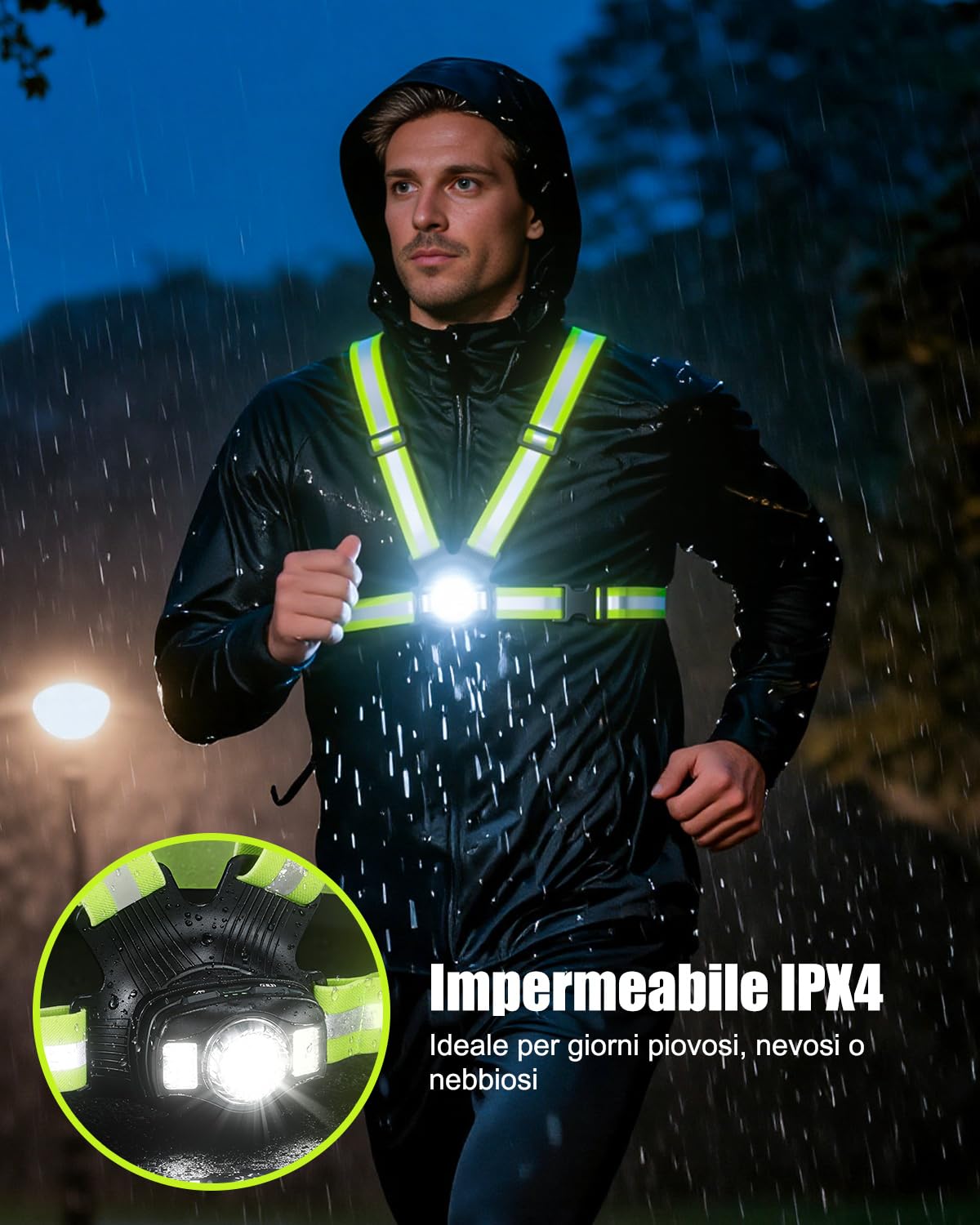 Babacom 500 Lumen Luce Running, Bretelle Giubbotto Catarifrangente con Riflettore, Fascio Regolabile a 45° e Impermeabilità IPX4, Torcia Frontale 1800mAh Ricaricabile per Corsa/Ciclismo/Camminate