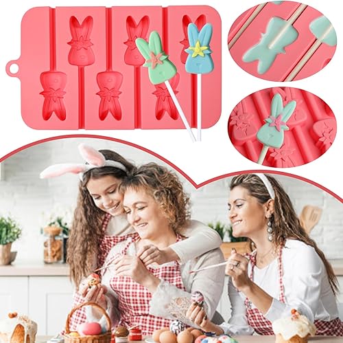 Miniatura 5 de Webake Moldes de piruleta de conejo para dulces de chocolate, 6 agujeros de silicona de conejo con palitos de piruleta, bonitos moldes de Pascua