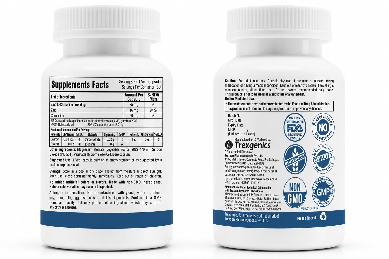 Trexgenics ZINC CARNOSINE Digestive & Gut Health, Ulcer Care, Immunity, Leaky Gut Support (60 Veg Capsules) — Amazon image 2