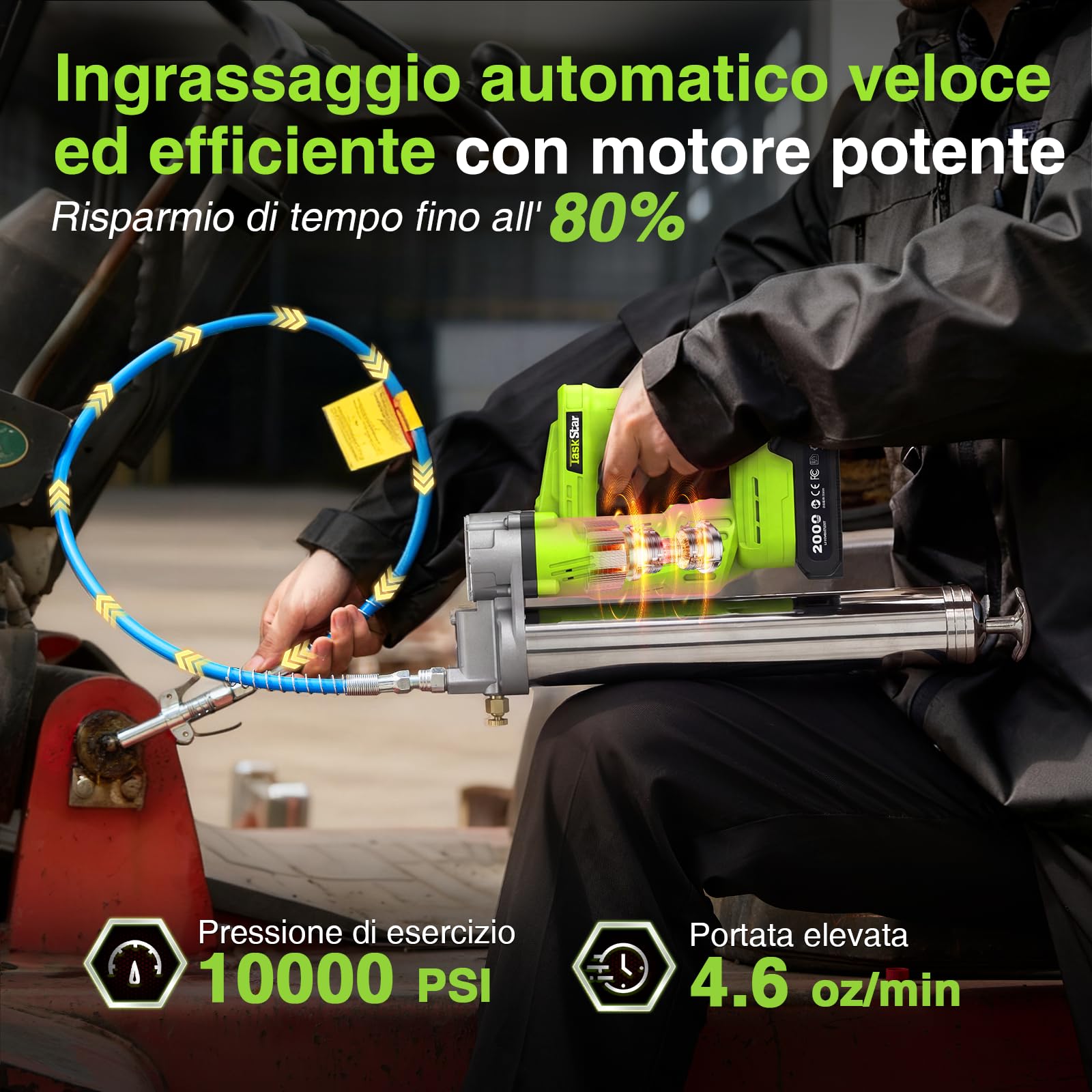 TaskStar Ingrassatore a Batteria ad alta Efficienza: Pistola per Grasso con Batterie da 2*2.0Ah, Testine a Sgancio Rapido, Pressione Massima di 10000 PSI, per Agricoltori e Proprietari di Attrezzature