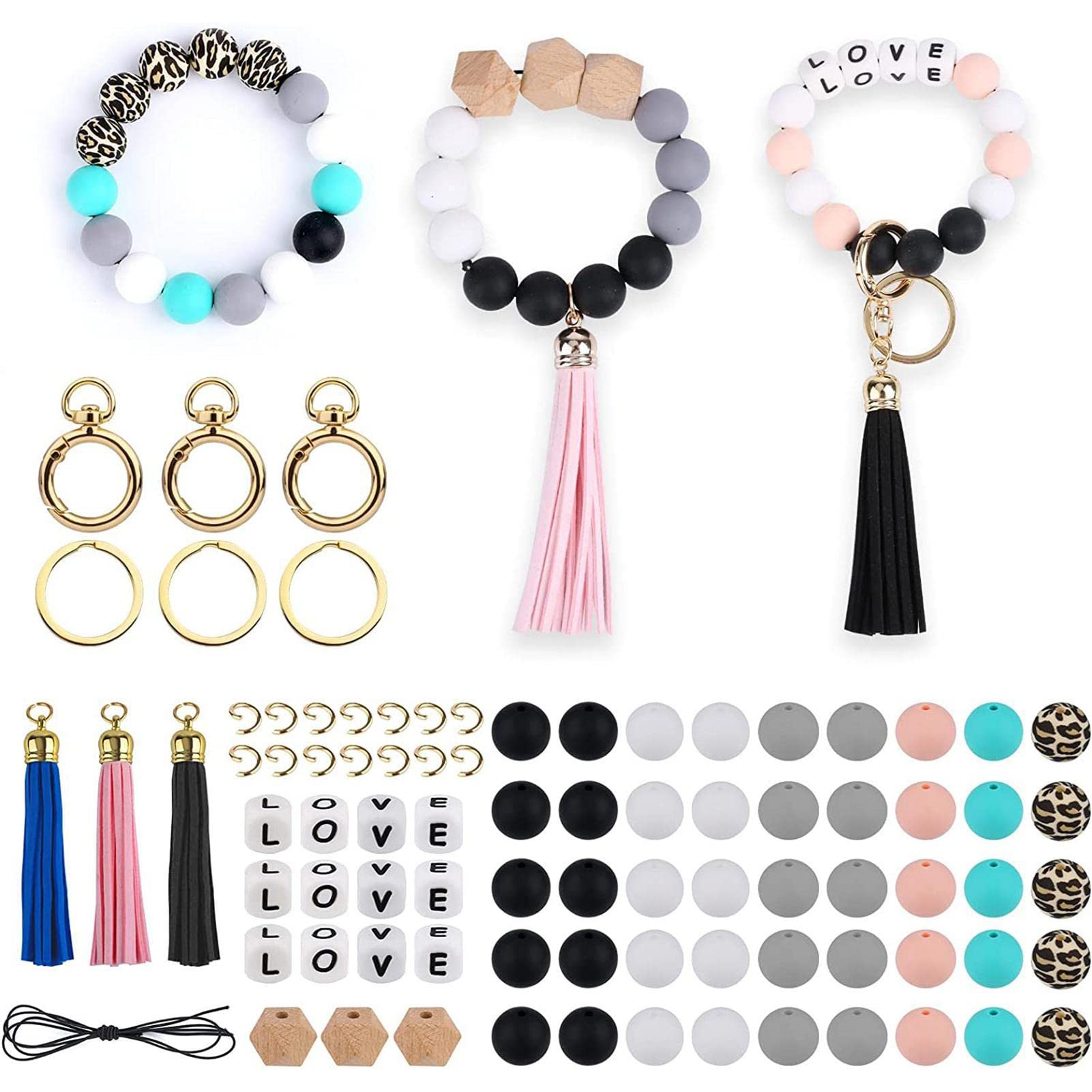 ceasnitis 10 Pcs Silicone Beads Making kit - Includes Round 15mm Beads Elastic Key Tassel Wrislet Set of 84 | Key Chain Accessories Bead with Elastic Rope Beaded Tassel
