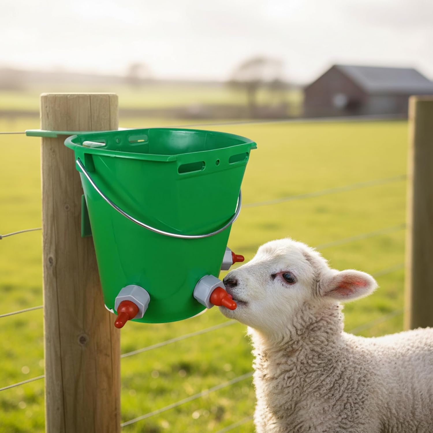 Goat Feeder Feed Bucket, 8L Large Capacity Livestock Milk Goat Feeder with Nipple, Green Sheep & Baby Bottle Bucket for Calves, Lambs, and Kids, 3 Mouth