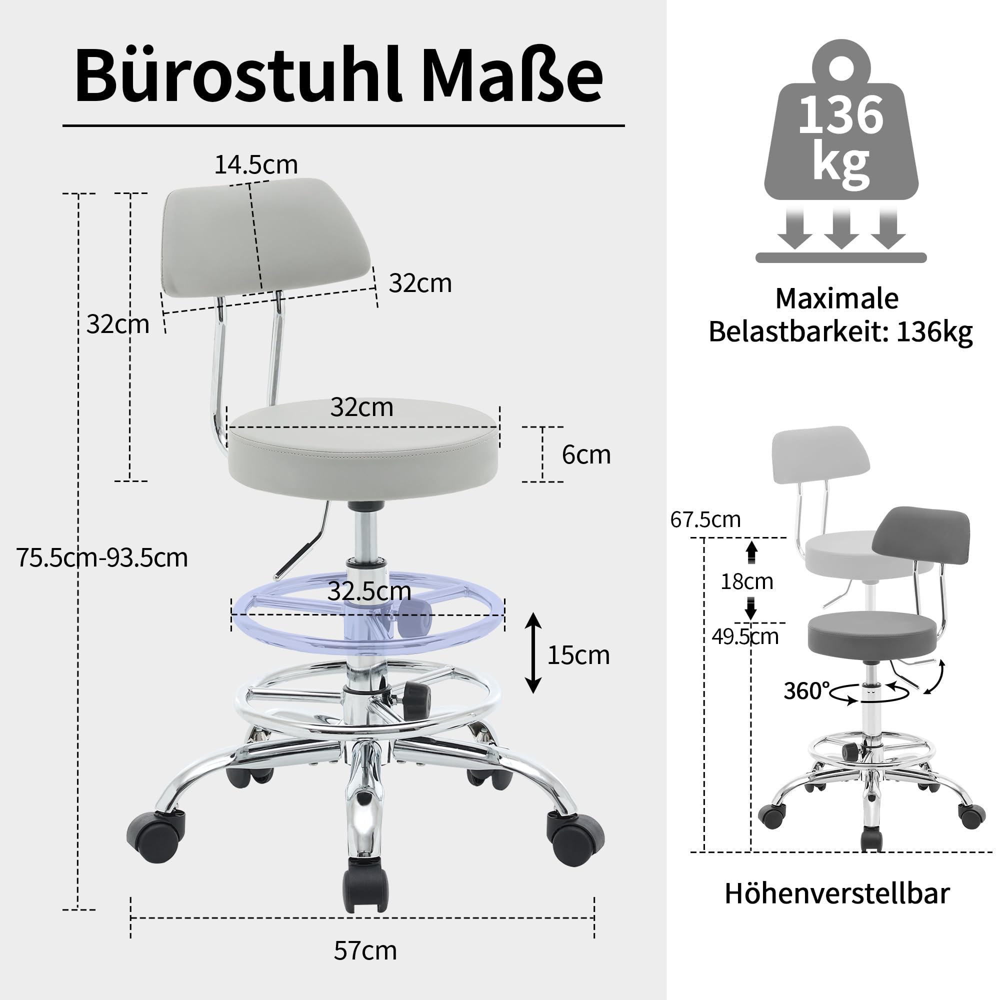 FIRAVOE Ergonomischer Büro-Zeichenstuhl, höhenverstellbarer Rollhocker mit Fußstütze 49,5–67,6 cm, Laborhocker aus Kunstleder mit Rückenlehne