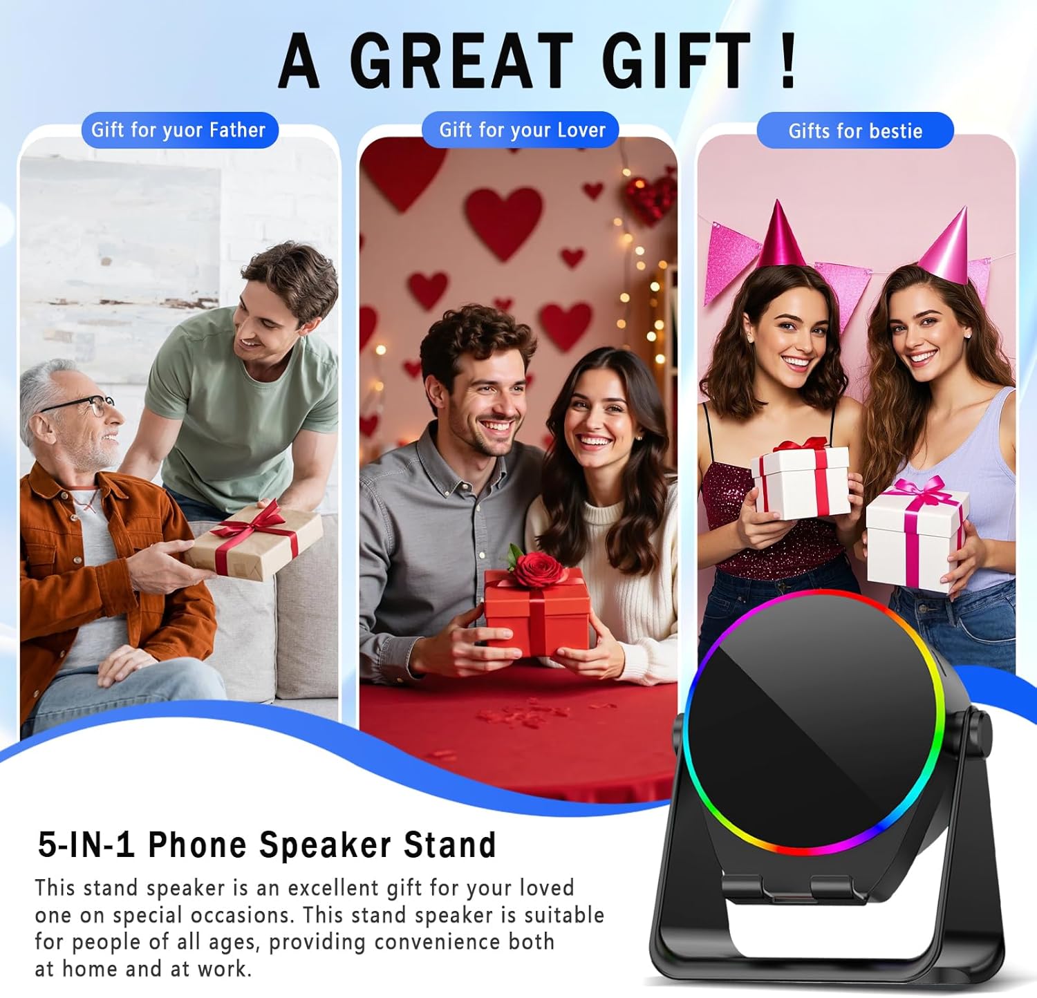 TEFELE Wireless Induction Speaker, 5-in-1 Bluetooth Speaker with Phone Holder, 360° Rotation & RGB Lights, HD Stereo Sound for iPhone/Samsung/Android, Birthday Gifts for Men/Women/Teens - Image 7
