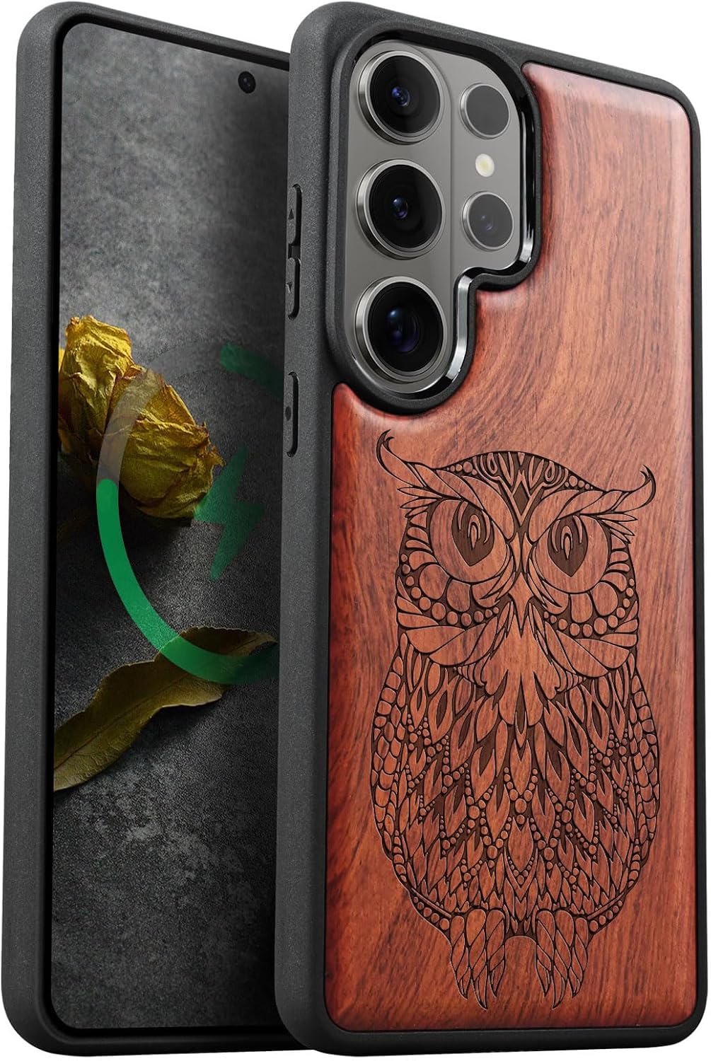 Carveit Magnetic Wooden Case for Samsung Galaxy S26 Ultra Case 2026, TPU Shockproof Cover & Wood Artisan Engraved, Compatible with MagSafe Wireless Chargers (The Owl Mandala) Rosy