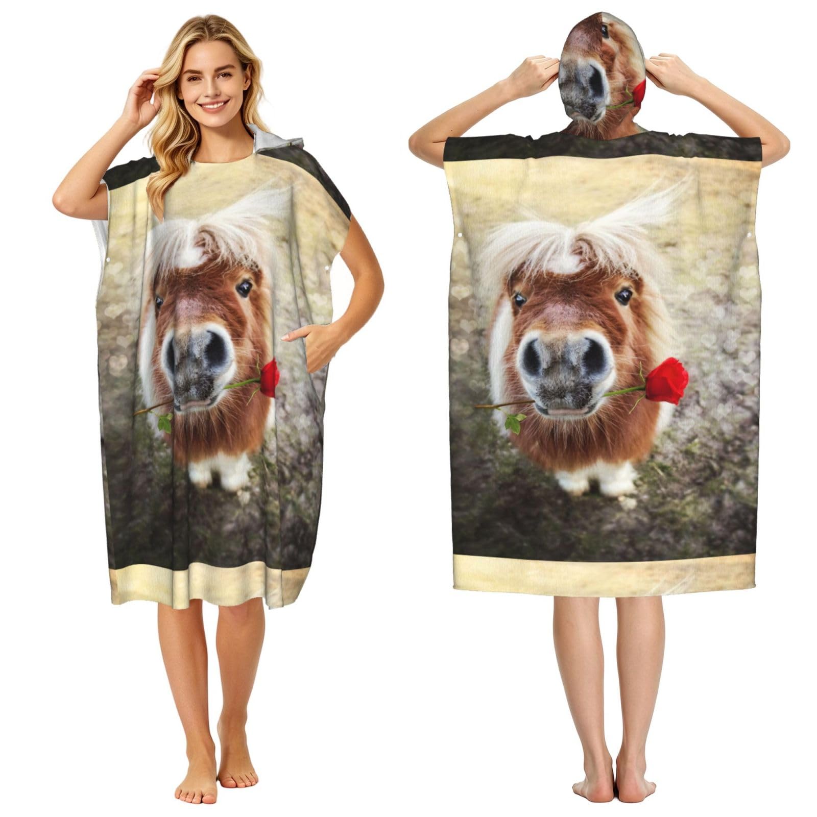 Poadnly Horse And Rose, Adult Hooded Beach Towel 90 x 110 cm,Changing Bath Robe, Surf Poncho Towel For Women Men