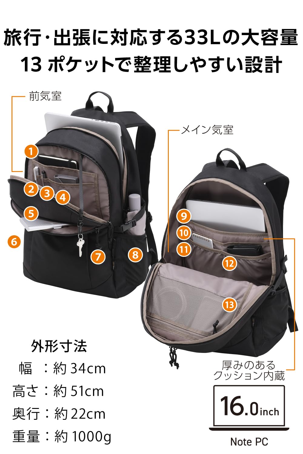Amazon.co.jp: エレコム バックパック 旅行 出張 ～16インチ 33L