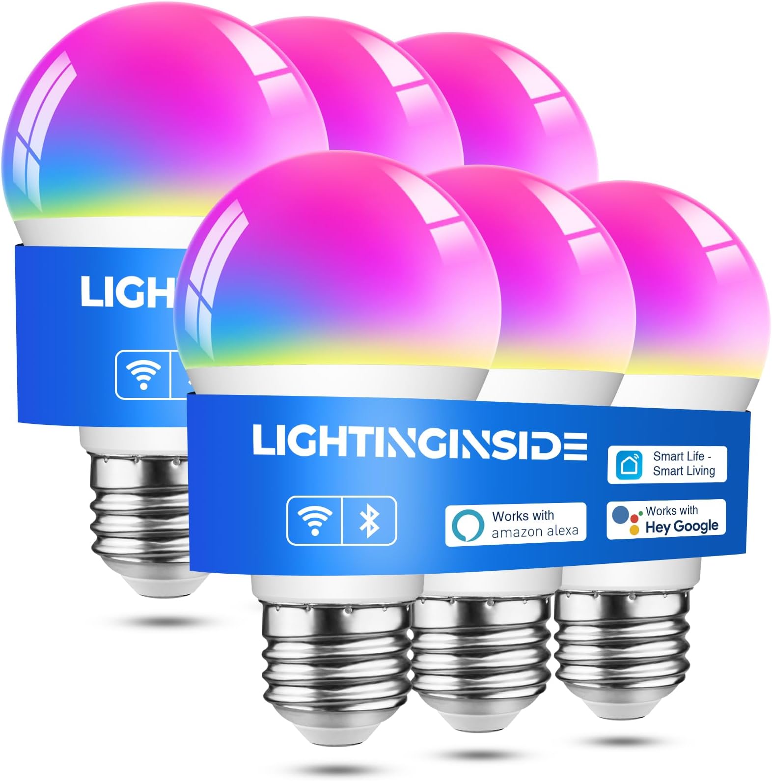 Lightinginside Smart Light Bulbs 6 Pack, Smart Bulb Works with Alexa/Google Home/SmartLife, CRI>90, RGBCW Color Changing LED Light Bulbs, 2.4G WiFi Bluetooth A19 E26 Bulb, No Hub Required, ETL Listed