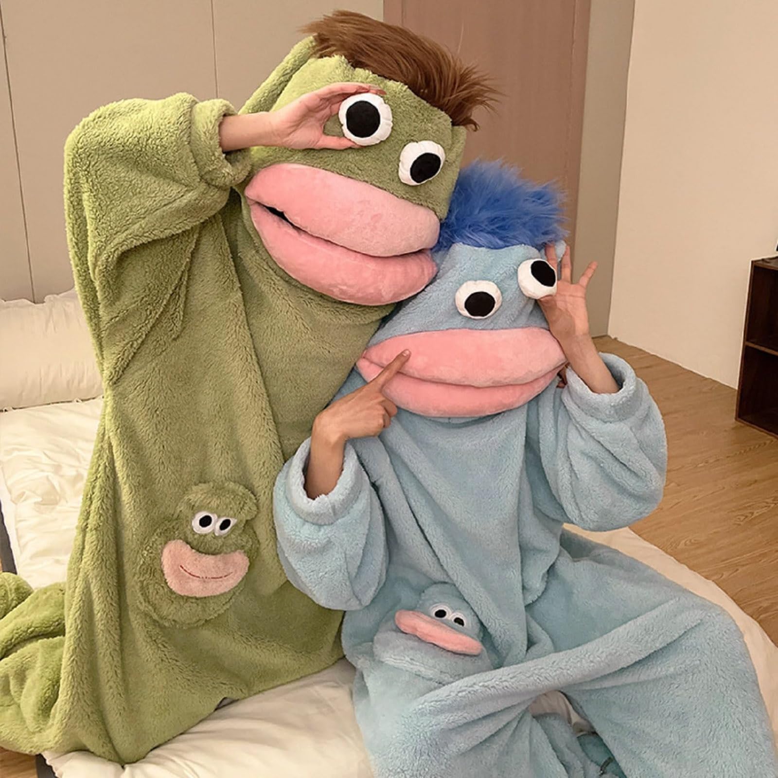 Silly Onesie Lustiger Einteiler Schlafanzug für Erwachsene Grüner Monstter-Hoodie Loose Warm Kuscheliger Ultraweicher Overall Funny Animal Costume Zuhause Bequemer Ganzkörperanzug Hausanzug Couple