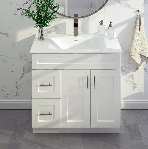 White Shaker - Base para lavabo de baño con cajones de 36 pulgadas, listo para montar