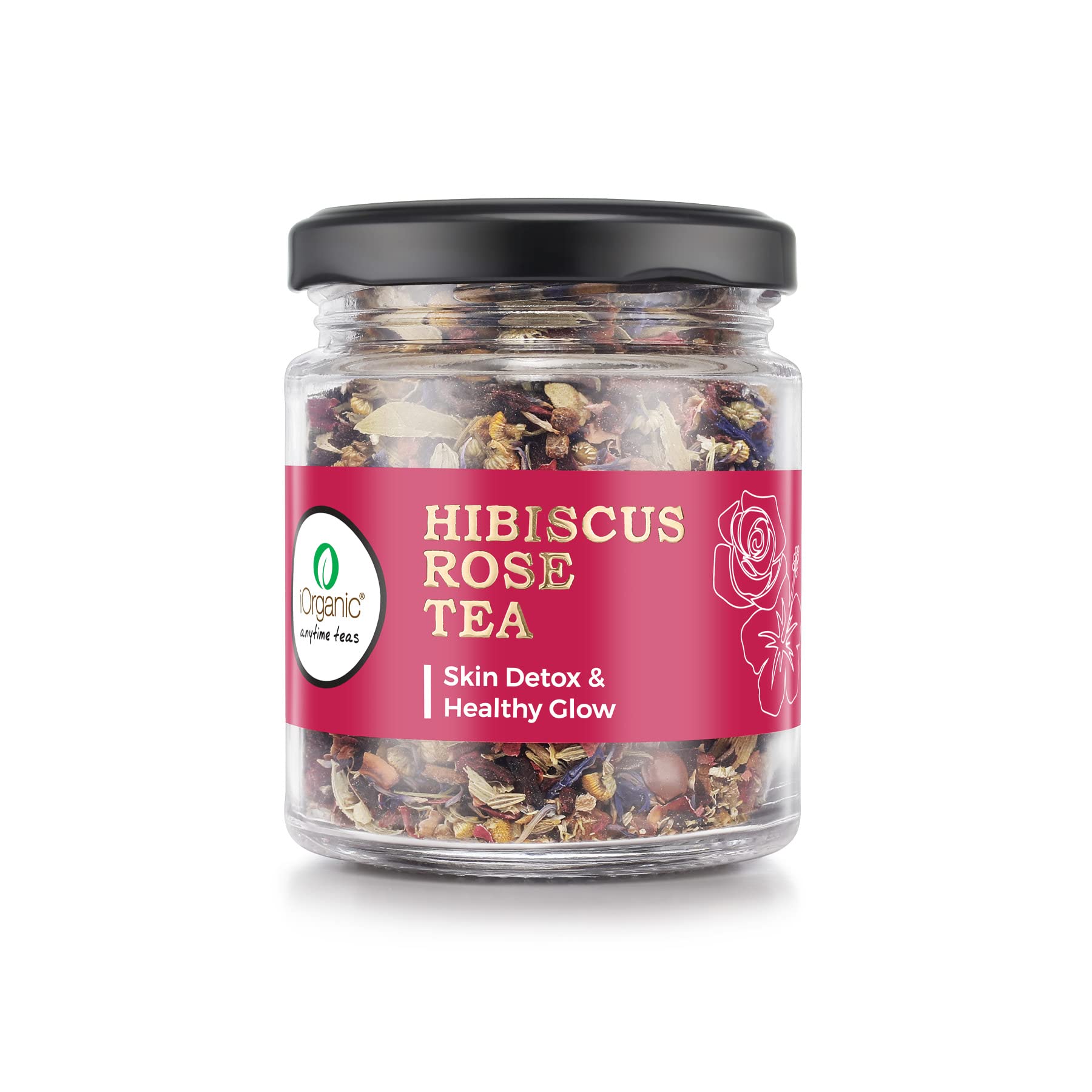 iOrganic Hibiscus Rose Tea | Best Organic Tea for SKIN DETOX & HEALTHLY GLOW | Flower Based - Herbal Tea | Caffeine Free | 60 gm - 30 Cups