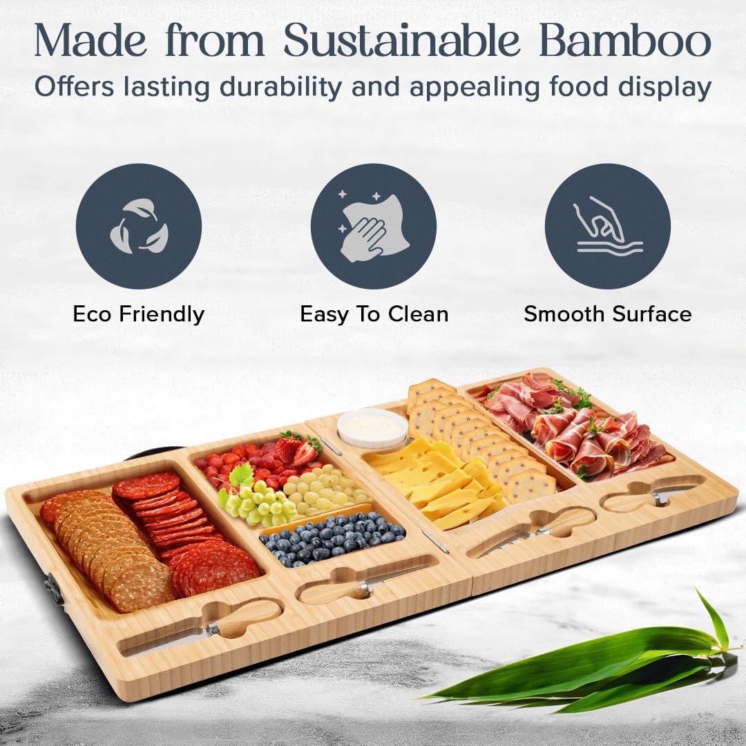 Charcuterie Board - Large Bamboo Cheese Board with Magnetic Knife Set - Wooden Cheese Platter - Foldable Charcuterie Board for House Warming Gifts New Home & Wedding Gifts - Image 3