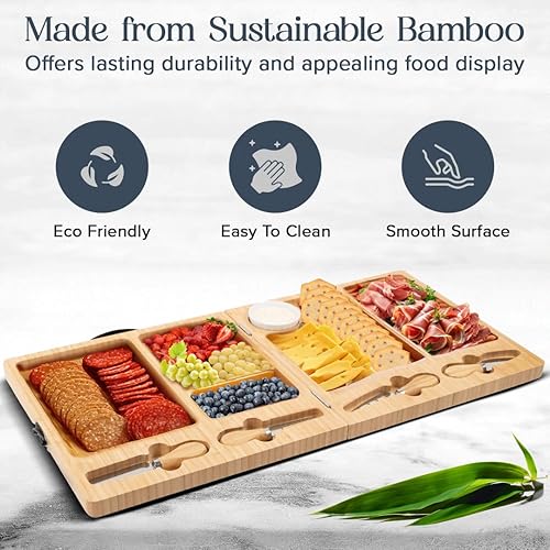 Miniatura 3 de Tabla de charcutería Tabla grande de queso de bambú con juego de cuchillos magnéticos Plato de queso de madera Tabla de charcutería plegable para