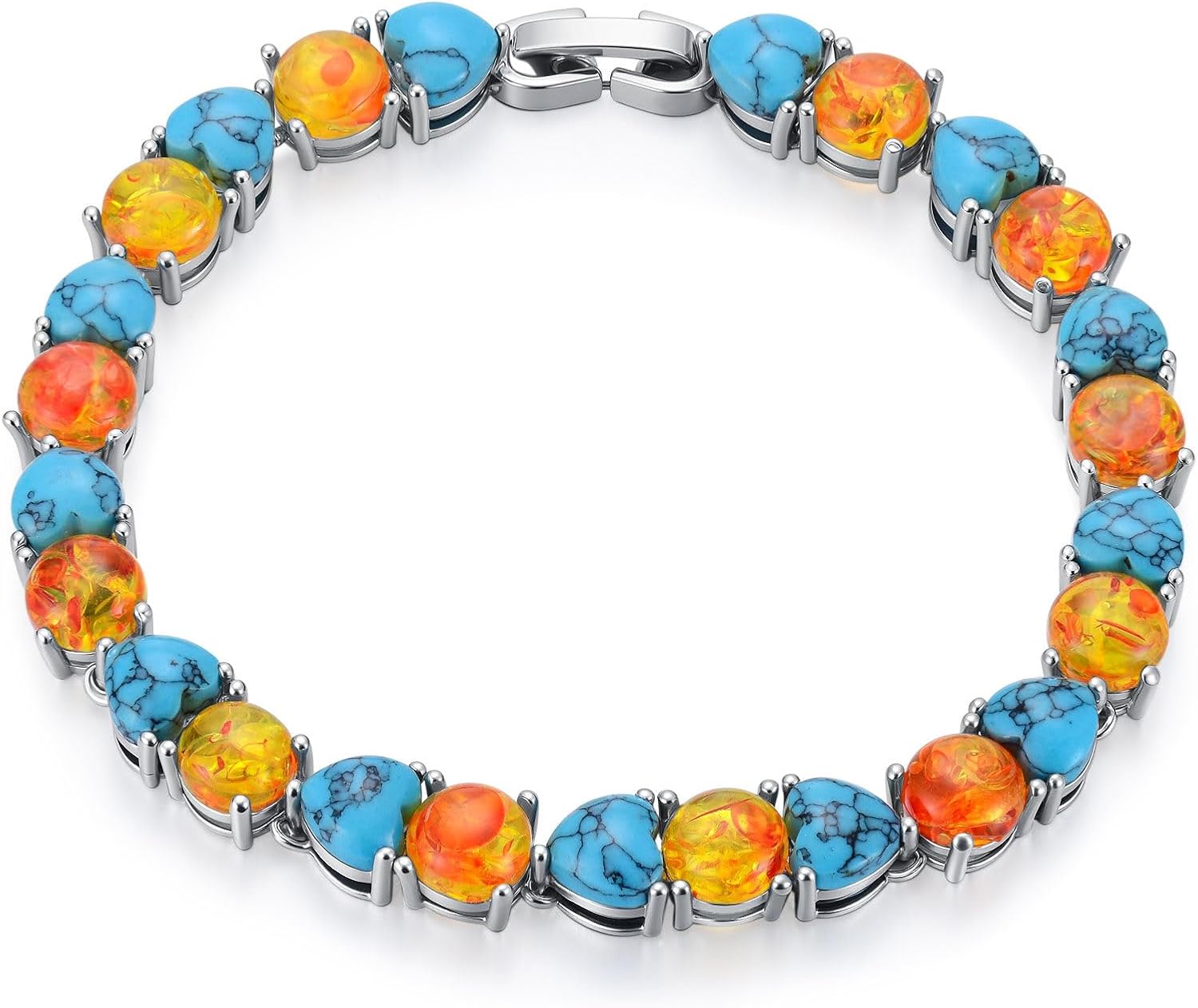 PEIMKO 925 Sterling Silver Full Stone Textured Turquoise Amber Tennis Bracelet White Gold Plated Jewelry Gift for Women Mothers