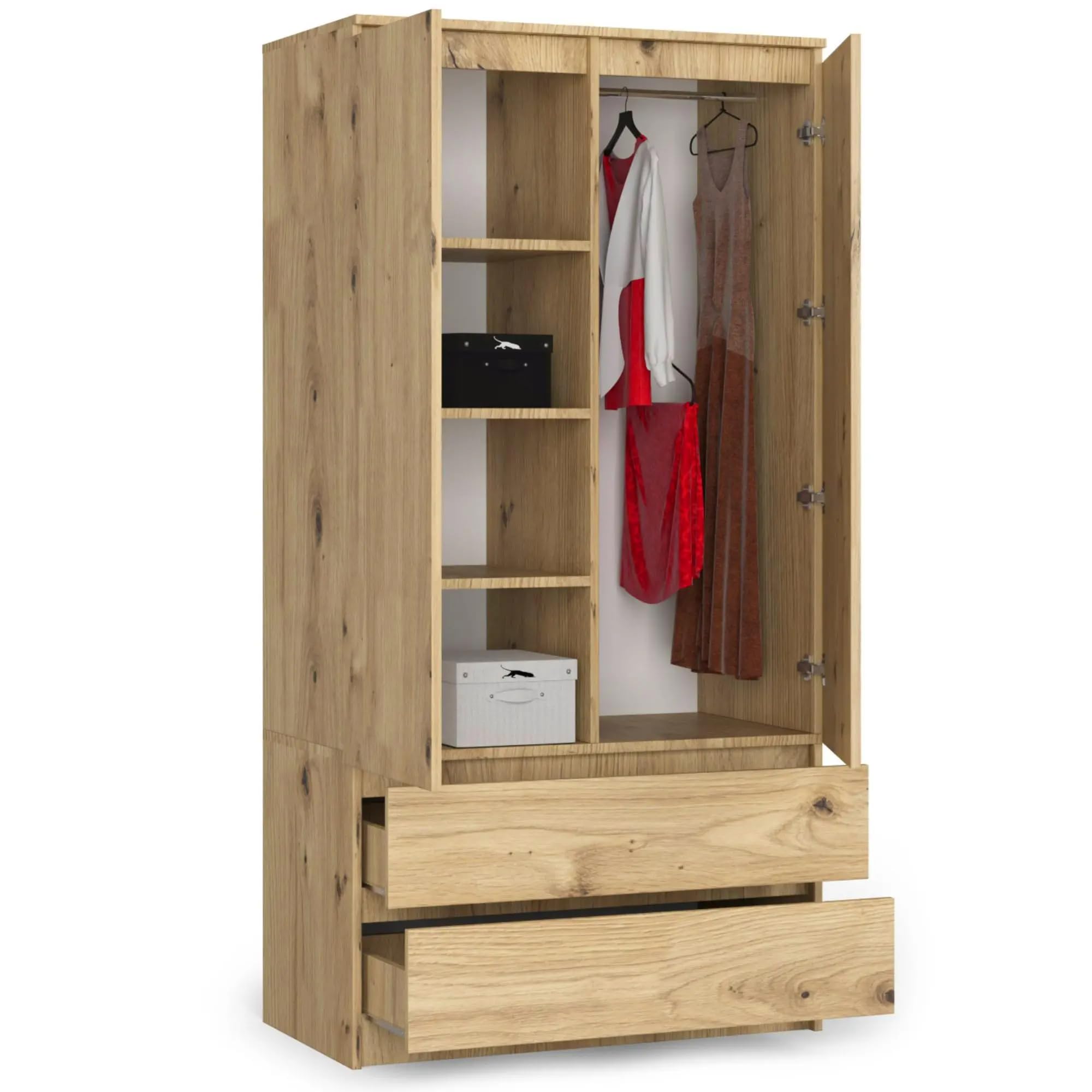 AKORD Tweekleppige kledingkast S 90 cm 2 laden met planken en een kledingstang voor een slaapkamer Kledingkasten Minimalistische stijl spaanplaat 16 mm | Grafietgrijs & Wit Front