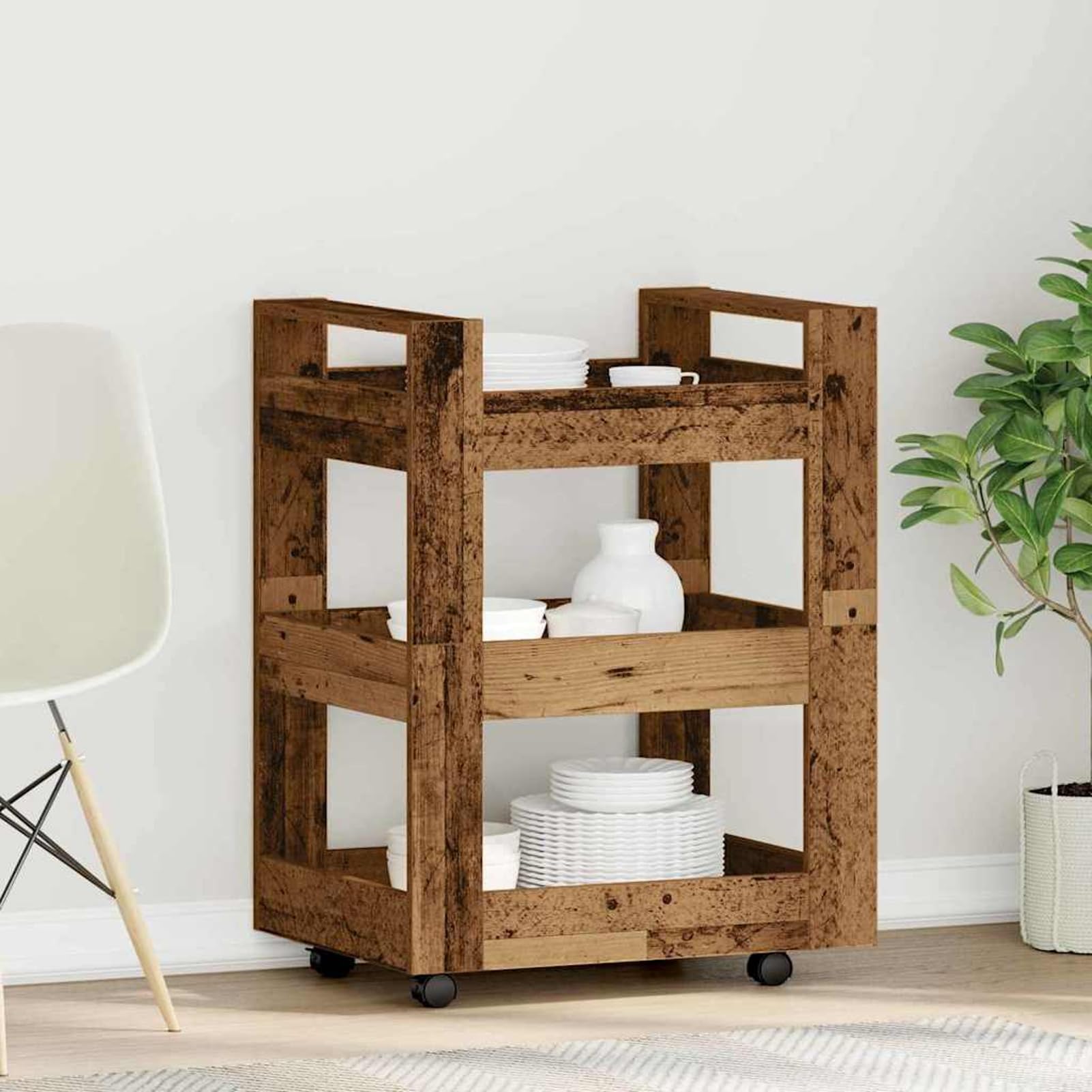 Geecher Carrello da Cucina, Mobile con Ruote, 60 x 45 x 80 cm, in Legno Multistrato Finitura Quercia, per Preparazione e Servizio in Cucina