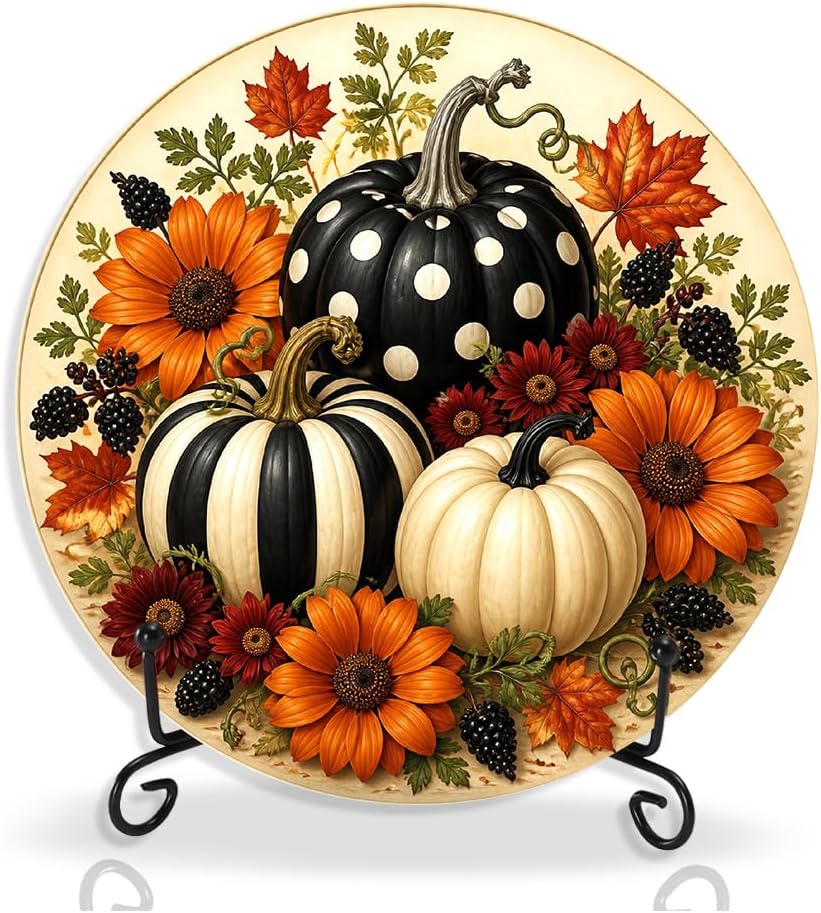 Fall Wooden Sign with Metal Stand, Autumn Pumpkin Rustic Farmhouse Table Thanksgiving Decor