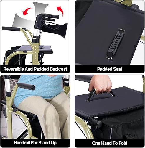 Miniatura 6 de WINLOVE Andadores con ruedas 2 en 1 para personas mayores con asiento acolchado, silla de transporte médico con mango ajustable y respaldo