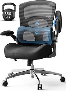 Ergonomic Office Chair - Office Desk Chair with Adjustable Lumbar Support - Mesh Comfy Chair with Flip-Up Arms - Heavy Duty Gaming Chairs for Adults Home and Business