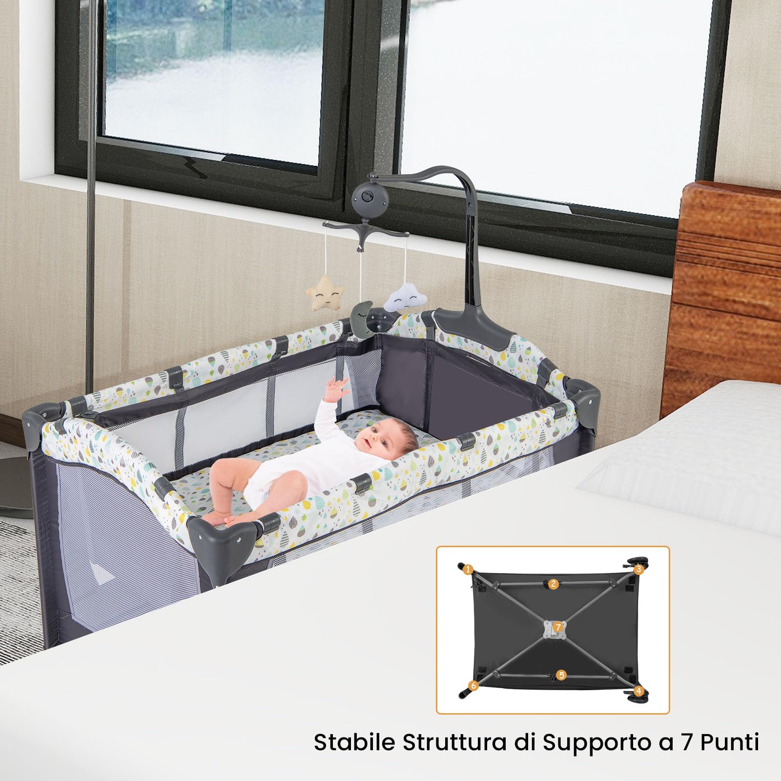 COSTWAY 4 in 1 Lettino da Campeggio per Bambini, Lettino Pieghevole con Materasso, Box Bambini Portatile con Borsa, Culla Lettino con Fasciatoio, Ruote, Portata 15 kg, 102 x 72 x 74 cm (Grigio+Beige)