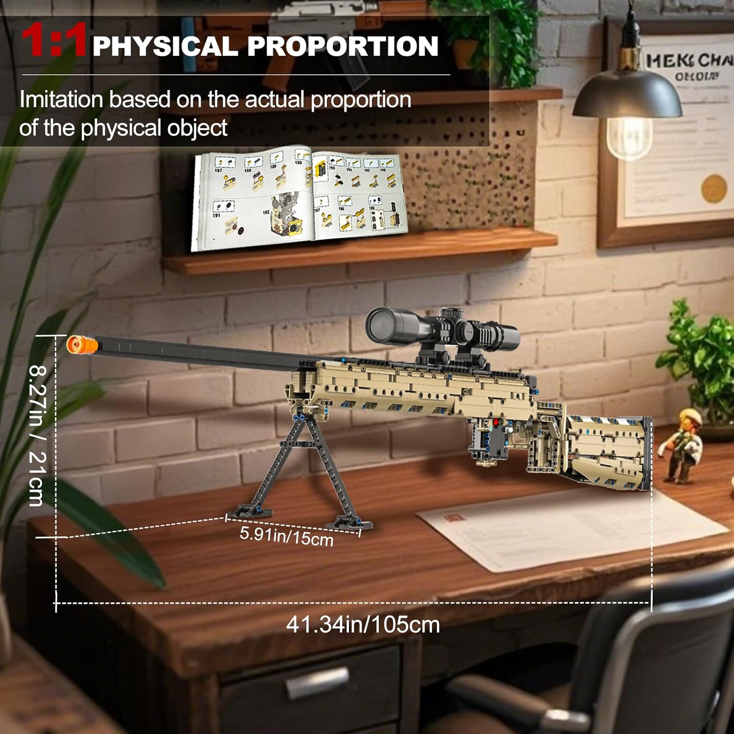 Image showing the 1:1 physical proportion of the M24 building blocks rifle on a desk, with dimensions labeled as 41.34 inches (105cm) length, 5.91 inches (15cm) width, and 8.27 inches (21cm) height.