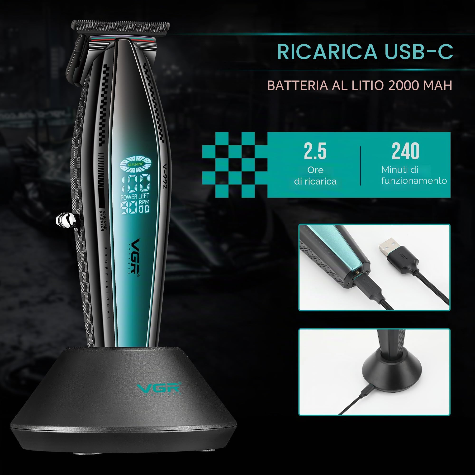 VGR Regolabarba professionale da uomo, motore elettrico DC 9000 giri/min, lama DLC T di precisione, batteria ricaricabile USB-C senza fili, batteria da 240 minuti con dock, dettaglio capelli da