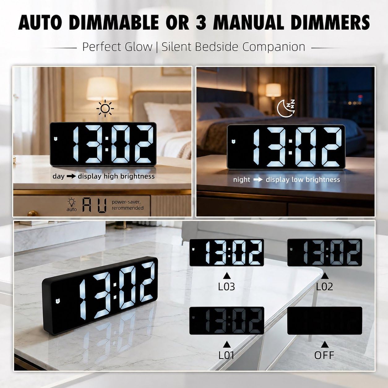 AuraSync Reloj despertador digital, pantalla LED grande, números negros, cara negra, diseño rectangular moderno