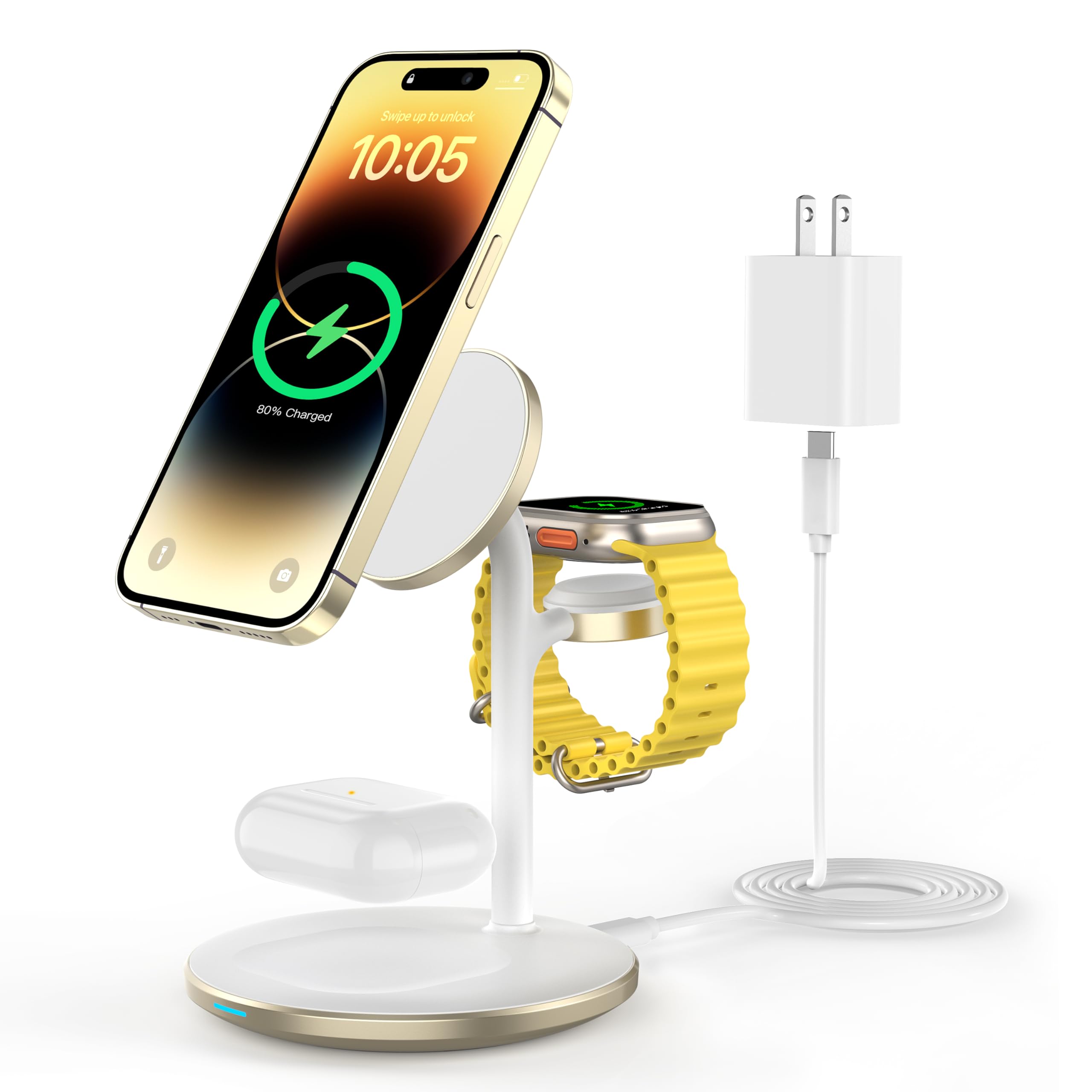 XooFly Stazione di ricarica magnetica wireless 3 in 1 per dispositivi Apple, 15 W | Supporto per ricarica rapida per iPhone 17 16 15 14 13 12 Series Apple Watch Ultra Airpod Pro, oro