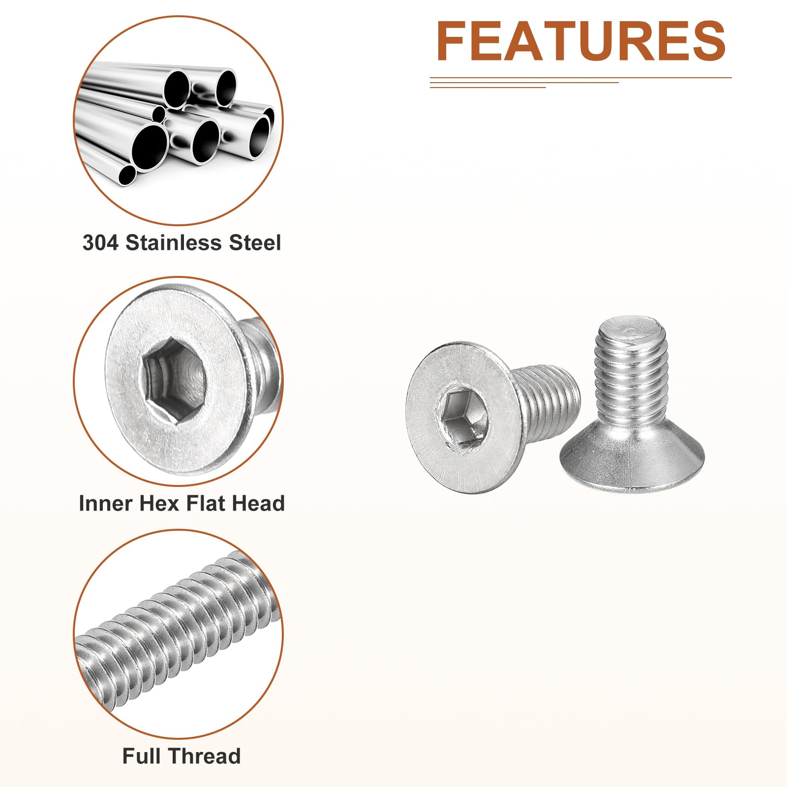 DTGN M8-1.25 x 16mm Flat Head Socket Cap Screws, 50 Pack 304 Stainless Steel Hex Socket Flat Head Screws, Full Thread - Image 4