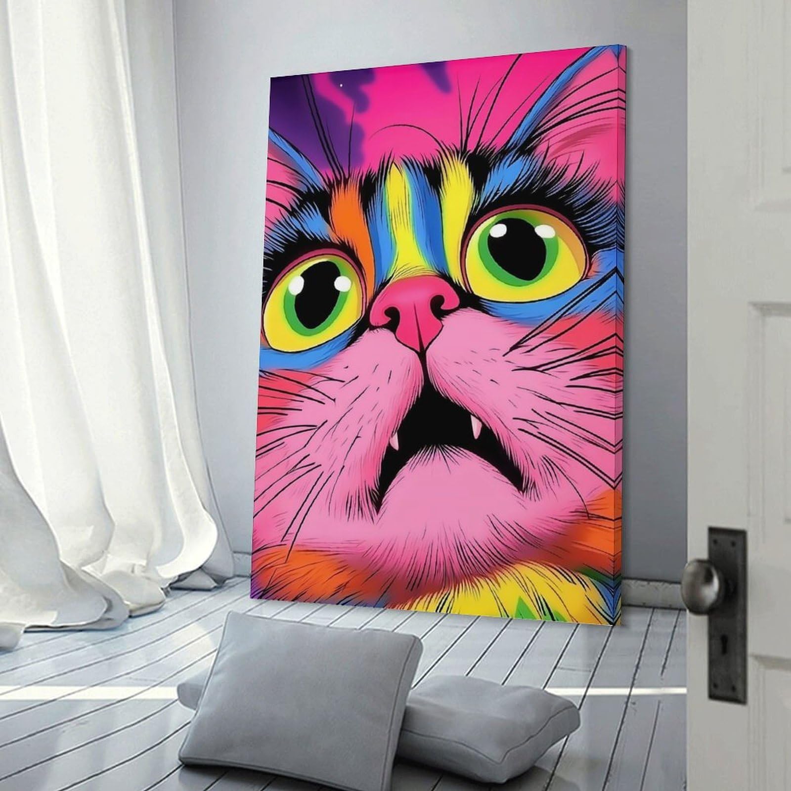Junmoney Frame-Style-11 Psychedelic Cat Portrait Wall Picture Print, 16X24inch(40X60cm), For New Homes, Bedrooms Or Workspaces, Thoughtful Wall Decor For Art Lovers