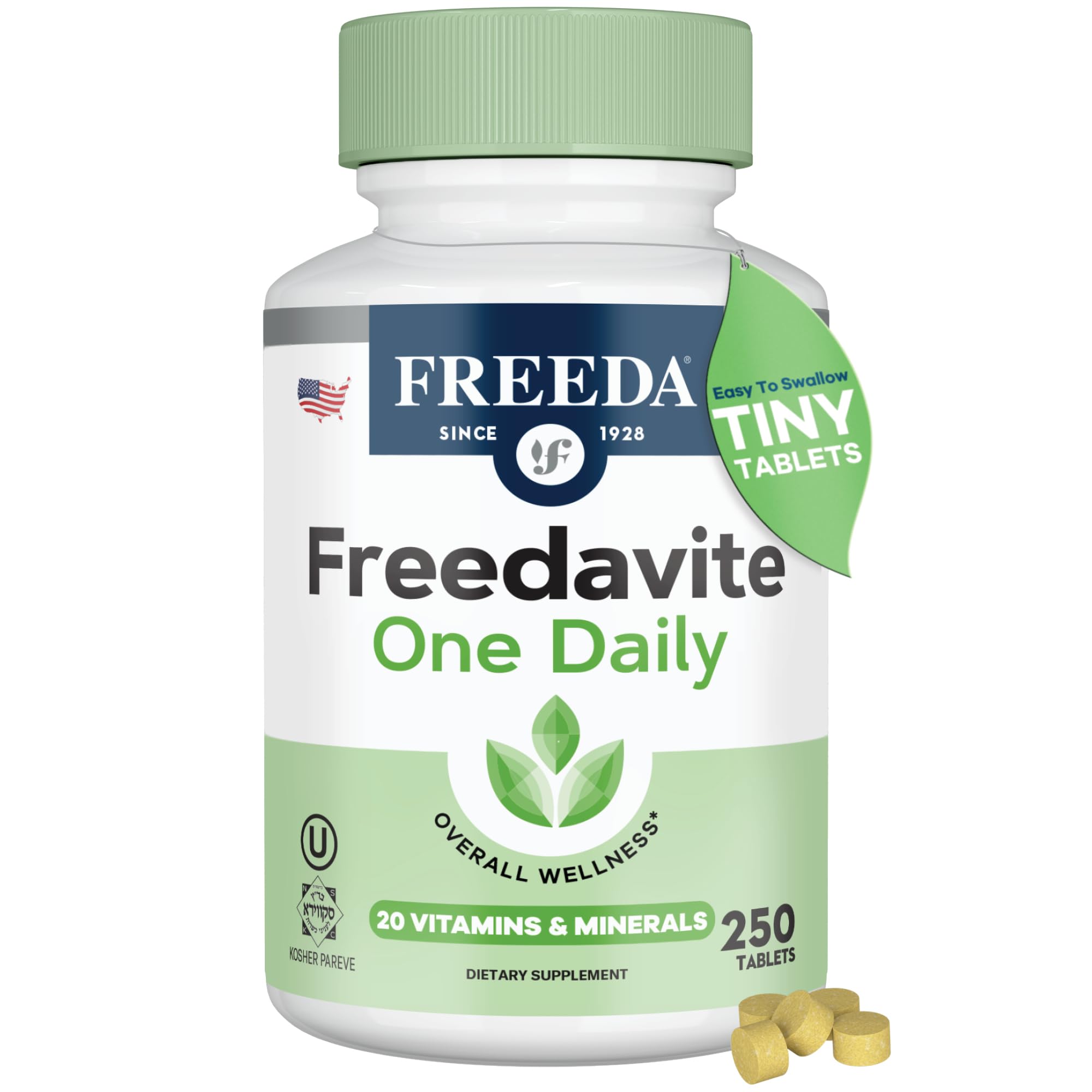 Freedavite Tiny Tablet - Moderate Multivitamin for Men and Women - Pure Vitamin A, C, D, E, B1, B2, B6, B12, Biotin, Calcium, Zinc, Iron, Magnesium, Manganese, Copper, Selenium, Iodine - 250 Count 250 Count (Pack of 1)