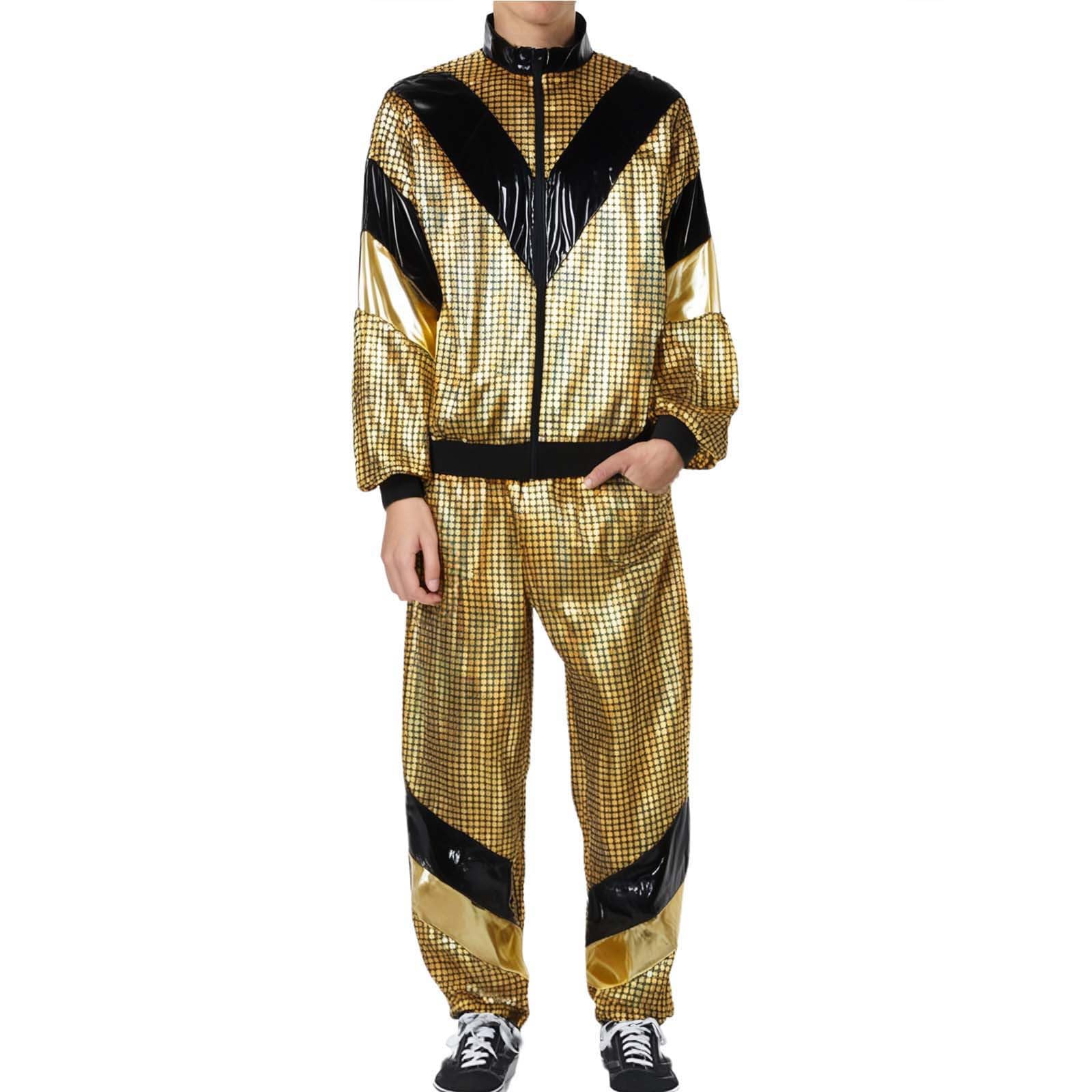 Caxndycing Metallic Suit Men's Shiny Tracksuit Long Sleeve Stand-Up Collar Bomber Jacket and Trousers 70s 80s Hippie Disco Outfit Clubwear Theme Party Halloween Costume, 01 Gold, S โ image 1
