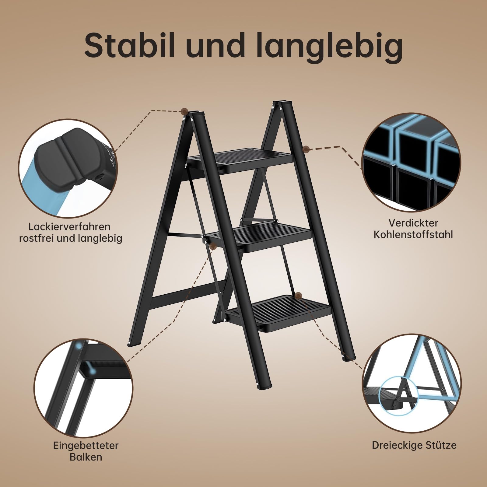 Escalera plegable en 3 peldaños, portátil, capacidad de 250 kg, con pedal ancho antideslizante, para el hogar, cocina, oficina, garaje