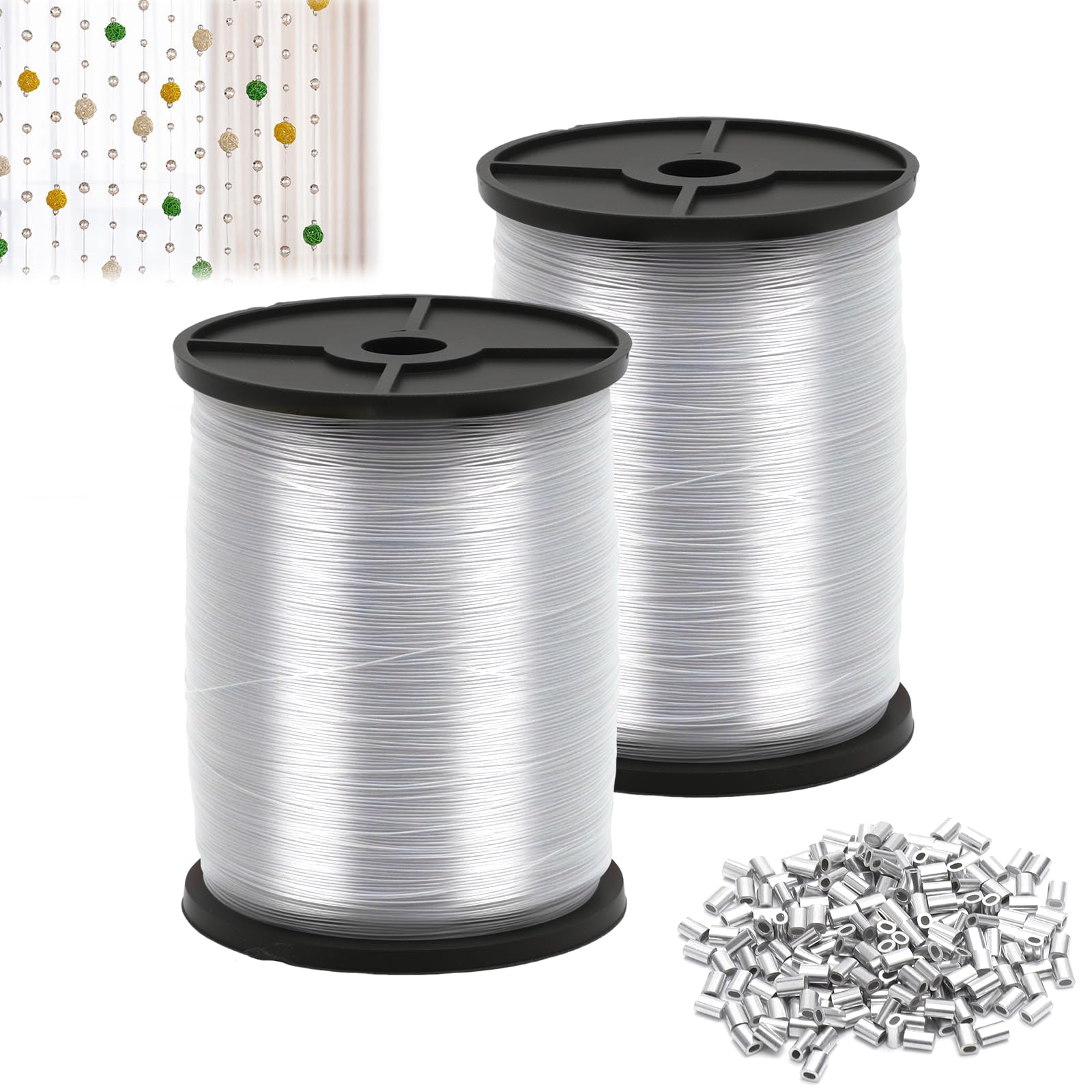 KQDRAVINE 250m Strong Clear Hanging Wire, 0.6mm/0.8mm Fishing Wire for Hanging Crafts with 200 Aluminium Crimp Sleeves, Picture Hanging Cord for DIY Fishing Engineering Decoration