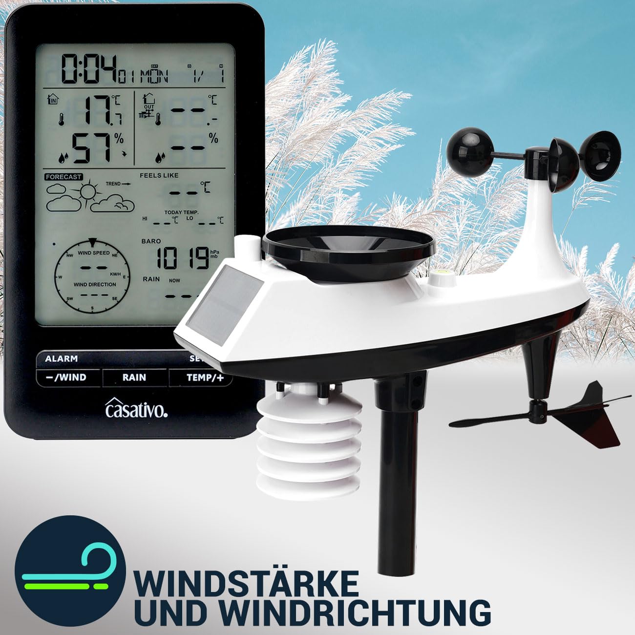 Profi Funk-Wetterstation mit Solar-Aussensensor – Niederschlag, Wind, Hygrometer & Wettervorschau – Präzise Wetterdaten Ihr dein Zuhause