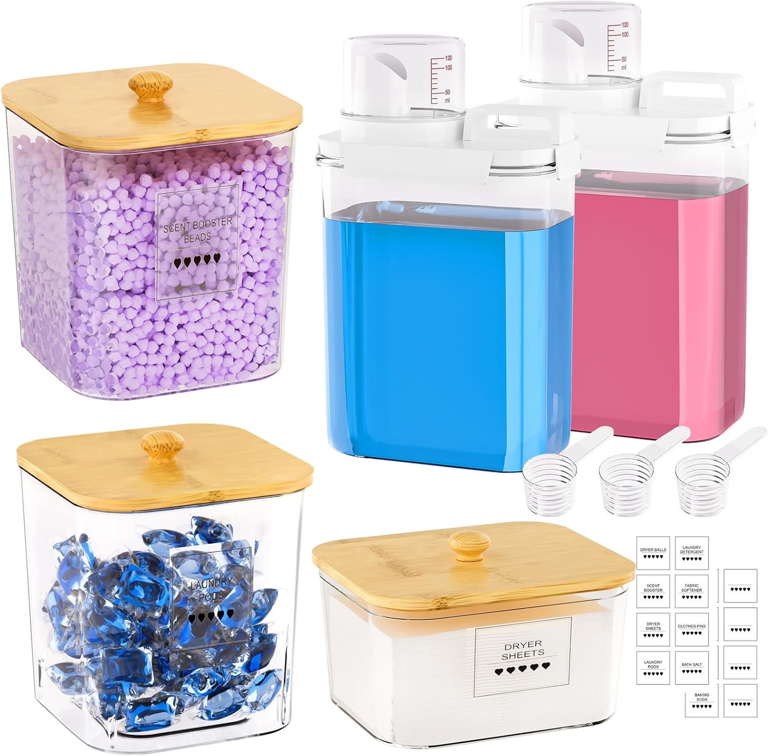 Homde Clear Laundry Detergent Dispenser: 3+2 Pack Reusable Pods Container with Lids for Dryer Balls - Plastic Sheets Holder Set for Scent Booster