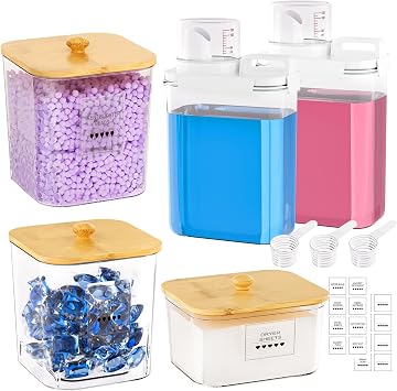 Homde Clear Laundry Detergent Dispenser 3+2 Pack Reusable Pods Container with Lids for Dryer Balls - Plastic Sheets Holder Set for Scent Booster