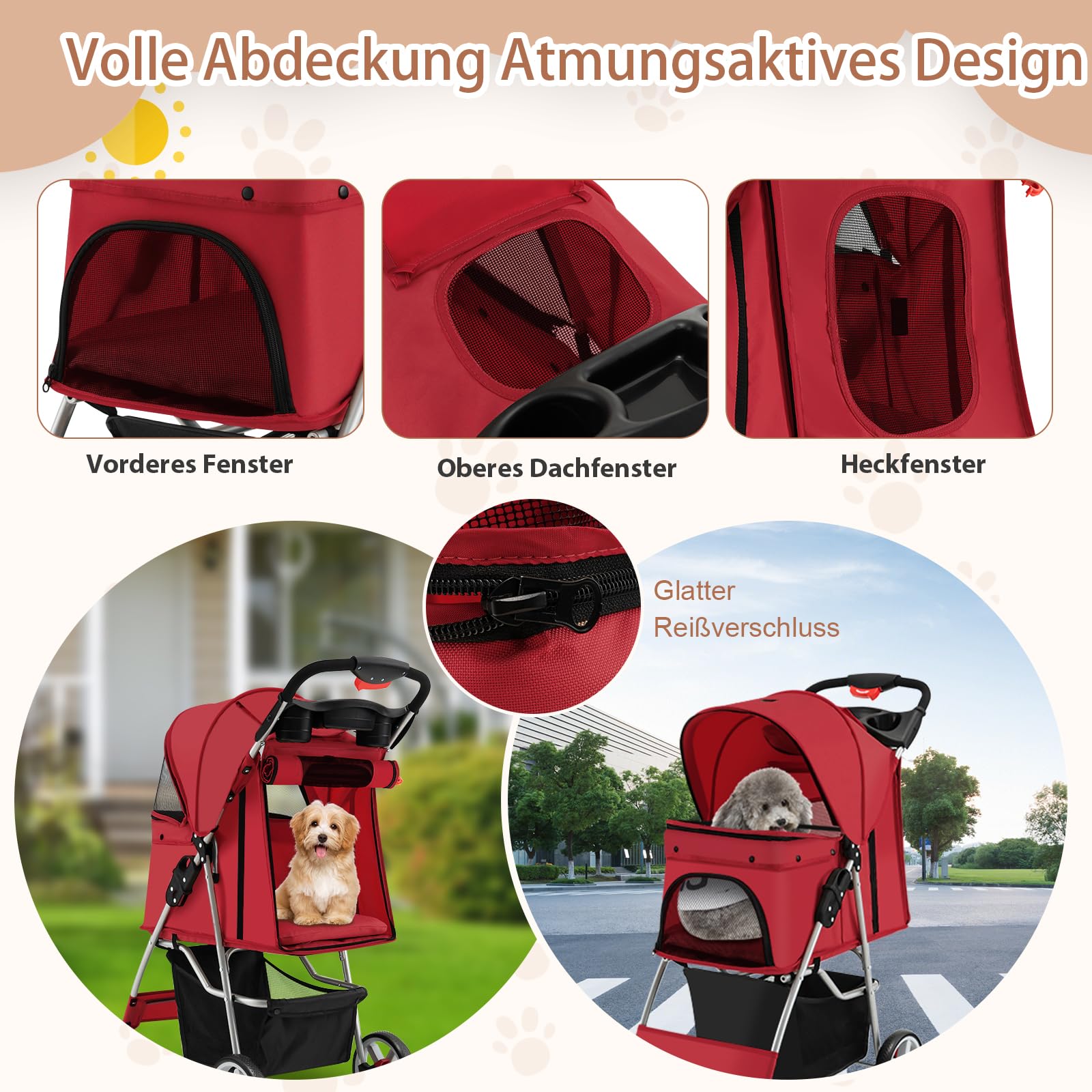 SOARS Passeggino per Cani e Gatti Pieghevole Fino 15 kg, Carrello per Animali Domestici, Trasportino Carrozzina Portatile da Viaggio e Passeggio con Tettuccio per Cuccioli, 87 x 46 x 102 cm (Rosso)