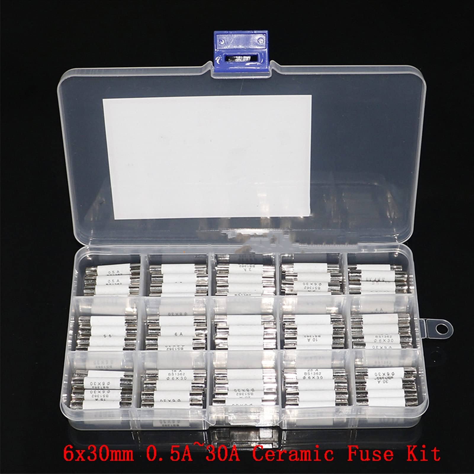 Fusible 75 Piezas Fusible de cerámica 6 * 30 mm 0.5A 1A 2A 3A 4A 5A 6A 8A 10A 13A 15A 16A 20A 25A 30A Kit Surtido de fusibles 6x30mm Fusibles de Tubo de Seguro Home