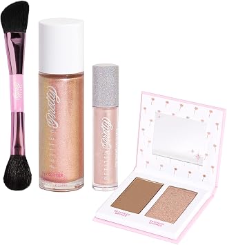 Petite n Pretty Makeup Set for Kids Gold - Face & Body Makeup for Kids, Tweens, Teens - Highlighter, Body Shimmer Glitter, Lip Gloss, Makeup Brush, Made in the USA
