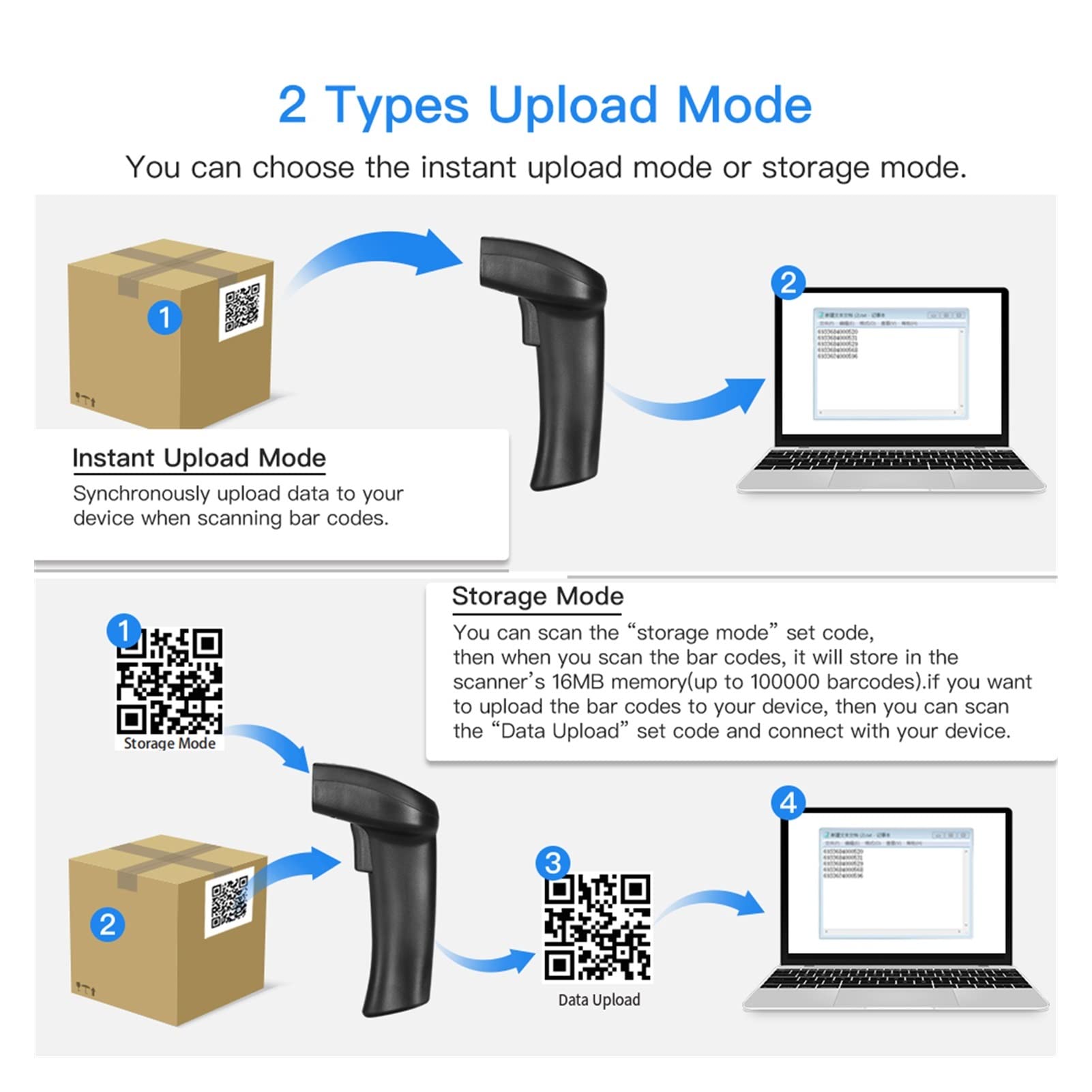 Lettore di codici a barre 1D 2D QR. Scanner for codici a barre portatile con prefisso batteria ricaricabile da 2 in-in-1Connection 1200mAh / cifre suffisso per inventario