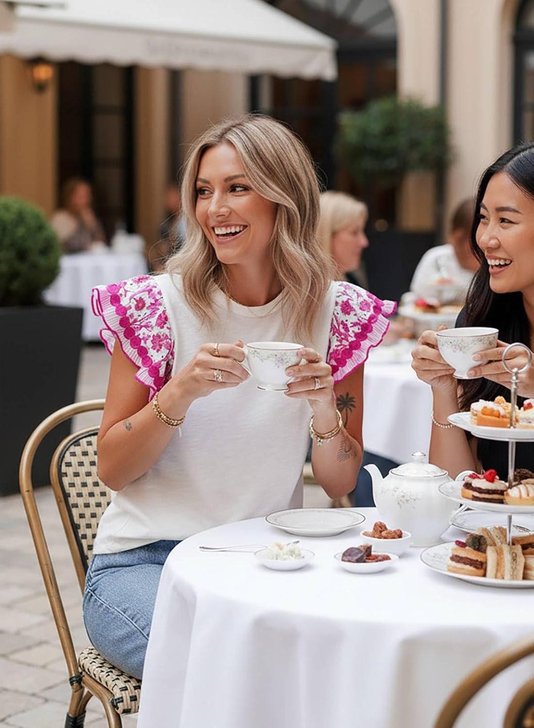 Acelitt Womens Summer Ruffle Short Sleeve Top Crewneck T Shirts Boho Floral Trim Casual Blouses - Image 4