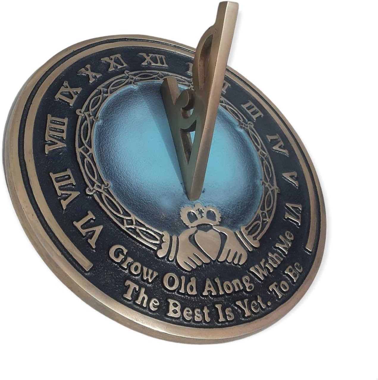 Solid Brass 10" Blue Round Garden Sundial - Plaque and Rooster Dial Outdoor Compass Sundials for Yards, Home Decor, Sundial Gift, Couple